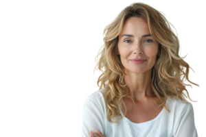 Happy blond haired mid aged woman standing on isolated transparent background png