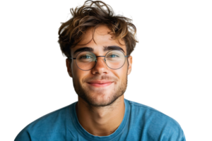 smiling attractive man in blue t-shirt and trendy eyeglasses on isolated transparent background png