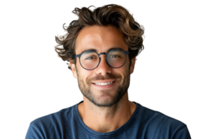 smiling attractive man in blue t-shirt and trendy eyeglasses on isolated transparent background png