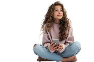 contento giovane ragazza seduta su il pavimento, Tenere smartphone nel mani e guardare lontano, su isolato trasparente sfondo png