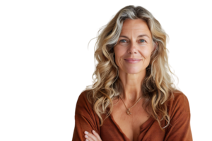 Happy blond haired mid aged woman standing on isolated transparent background png