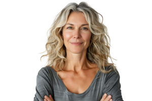 Happy blond haired mid aged woman standing on isolated transparent background png