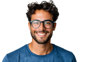 smiling attractive man in blue t-shirt and trendy eyeglasses on isolated transparent background png