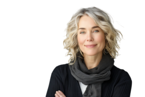 Happy blond haired mid aged woman standing on isolated transparent background png