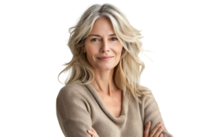 Happy blond haired mid aged woman standing on isolated transparent background png