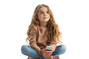 Happy young girl sitting on the floor, holding smartphone in hands and looking away, on isolated transparent background png