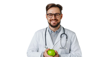 Smiling nutritionist doctor wearing white coat and round glasses, holding green apple in hand on isolated transparent background png