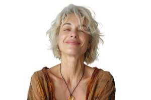 Happy blond haired mid aged woman standing on isolated transparent background png