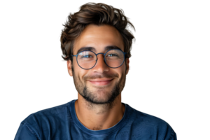 smiling attractive man in blue t-shirt and trendy eyeglasses on isolated transparent background png