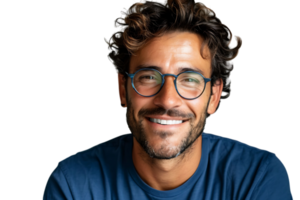 smiling attractive man in blue t-shirt and trendy eyeglasses on isolated transparent background png