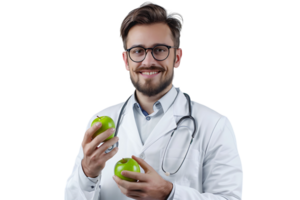 Smiling nutritionist doctor wearing white coat and round glasses, holding green apple in hand on isolated transparent background png