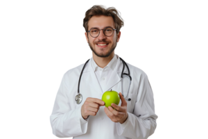 glimlachen voedingsdeskundige dokter vervelend wit jas en ronde bril, Holding groen appel in hand- Aan geïsoleerd transparant achtergrond png