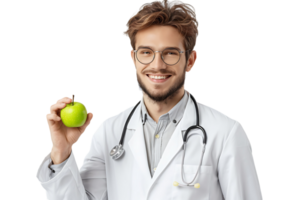 Smiling nutritionist doctor wearing white coat and round glasses, holding green apple in hand on isolated transparent background png