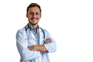 souriant homme médecin posant avec bras franchi, avec stéthoscope sur isolé transparent Contexte png