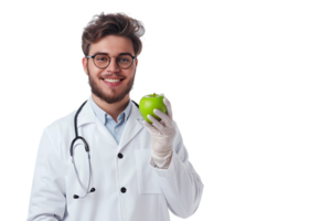 sonriente nutricionista médico vistiendo blanco Saco y redondo anteojos, participación verde manzana en mano en aislado transparente antecedentes png