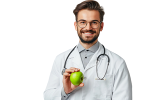 Smiling nutritionist doctor wearing white coat and round glasses, holding green apple in hand on isolated transparent background png