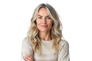 Happy blond haired mid aged woman standing on isolated transparent background png