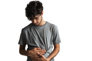 Young man touching his stomach on isolated transparent background png