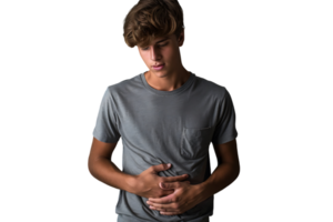 Young man touching his stomach on isolated transparent background png