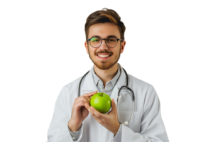 sonriente nutricionista médico vistiendo blanco Saco y redondo anteojos, participación verde manzana en mano en aislado transparente antecedentes png