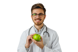 Smiling nutritionist doctor wearing white coat and round glasses, holding green apple in hand on isolated transparent background png