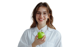 sorridente dietologo medico indossare bianca cappotto e il giro occhiali, Tenere verde Mela nel mano su isolato trasparente sfondo png