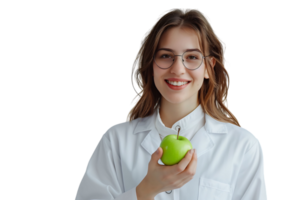 Smiling nutritionist doctor wearing white coat and round glasses, holding green apple in hand on isolated transparent background png