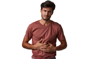 Young man touching his stomach on isolated transparent background png