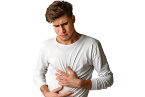 Young man touching his stomach on isolated transparent background png
