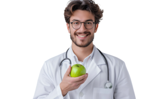 Smiling nutritionist doctor wearing white coat and round glasses, holding green apple in hand on isolated transparent background png