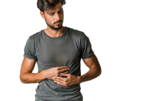 Young man touching his stomach on isolated transparent background png