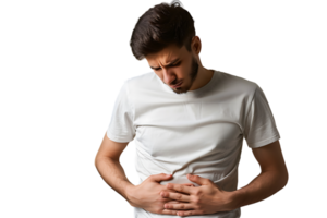 Young man touching his stomach on isolated transparent background png