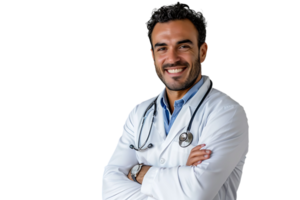 Smiling man doctor posing with arms crossed, with stethoscope on isolated transparent background png