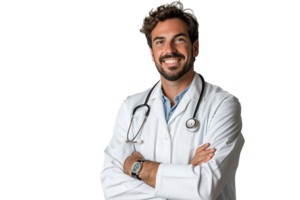 Smiling man doctor posing with arms crossed, with stethoscope on isolated transparent background png