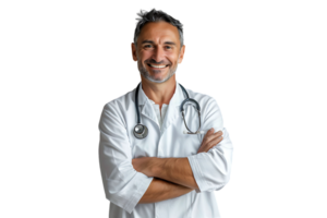 sorridente homem médico posando com braços cruzado, com estetoscópio em isolado transparente fundo png