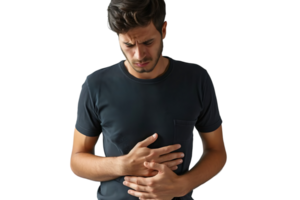 Young man touching his stomach on isolated transparent background png