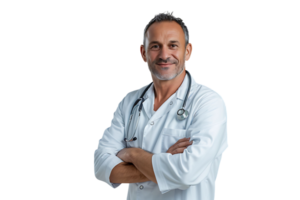 Smiling man doctor posing with arms crossed, with stethoscope on isolated transparent background png