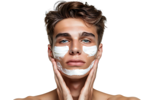 Jeune Beau homme avec Crème hydratante sur le sien visage sur isolé transparent Contexte png