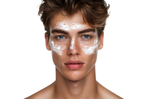 Jeune Beau homme avec Crème hydratante sur le sien visage sur isolé transparent Contexte png