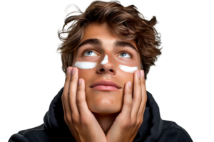 Young handsome man with moisturizer on his face on isolated transparent background png