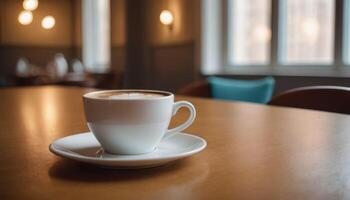 Cafe hot cup of coffee on a saucer on a dark background, casting a thin shadow. Bokeh in the background. photo