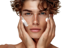 Jeune Beau homme avec Crème hydratante sur le sien visage sur isolé transparent Contexte png