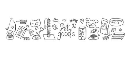 Food, goods pets. Hand drawn icons, doodles. Products for the care and feeding of cats and dogs, toys for animals. Hand lettering. Concept for promoting pet products. vector