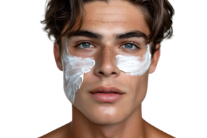 Jeune Beau homme avec Crème hydratante sur le sien visage sur isolé transparent Contexte png