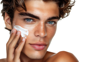 Jeune Beau homme avec Crème hydratante sur le sien visage sur isolé transparent Contexte png