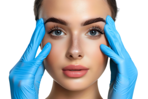 Young woman ready for rhinoplasty, doctor in blue gloves touching her face on isolated transparent background png