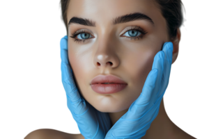 jong vrouw klaar voor neuscorrectie, dokter in blauw handschoenen aanraken haar gezicht Aan geïsoleerd transparant achtergrond png