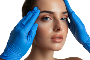 jong vrouw klaar voor neuscorrectie, dokter in blauw handschoenen aanraken haar gezicht Aan geïsoleerd transparant achtergrond png