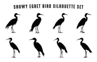 Snowy Egret Bird Silhouette black Clip art Set, Egret Silhouettes bundle vector