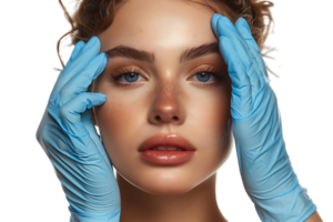 Young woman ready for rhinoplasty, doctor in blue gloves touching her face on isolated transparent background png